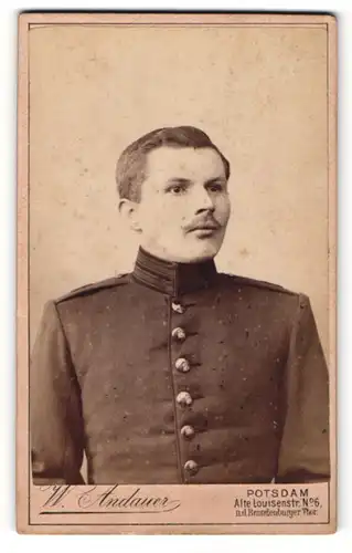 Fotografie W. Andauer, Potsdam, Soldat mit leichtem Oberlippenbart trägt dunkle Uniform