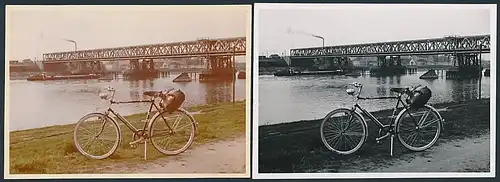 2 Fotografien Fahrrad, Velo in Farbe & schwarz-weiss bei Maxau an der Rheinbrücke 1959
