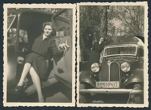 2 Fotografien Auto BMW, hübsche junge Dame sitzt im PKW, Kfz-Kennzeichen: KB 030 615