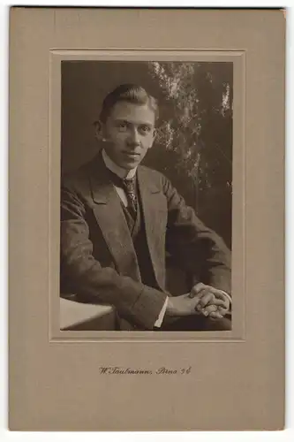 Fotografie W. Taubmann, Pirna a / E., Portrait sitzender Herr im Anzug mit Krawatte