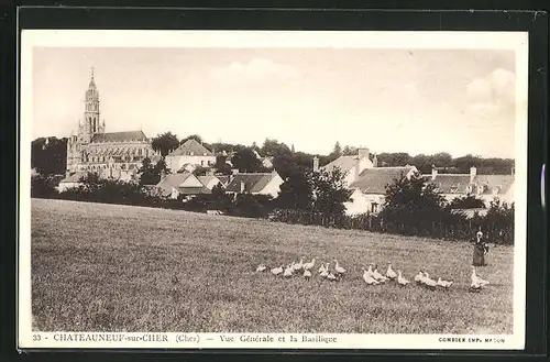 AK Chateauneuf-sur-Cher, Vue generale et la Basilique