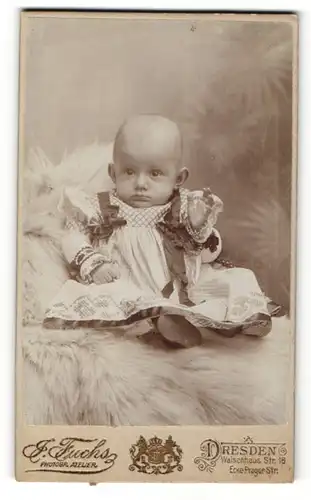 Fotografie Fuchs, Dresden, Portrait Baby mit Glatzkopf im hübschen Kleid