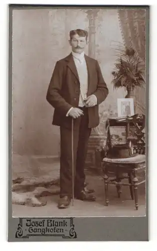 Fotografie Josef Blank, Gangkofen, Portrait bürgerlicher Herr im Anzug mit Krawatte und Stock