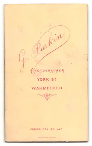 Fotografie G. Parkin, Wakefield, Portrait sitzende Dame im modischen Kleid auf Fell gestützt