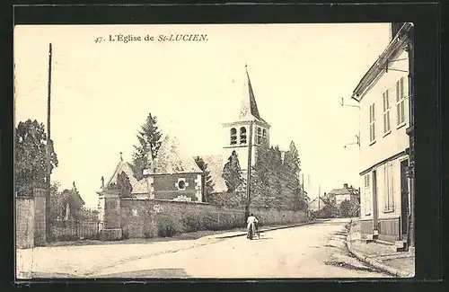 AK St-Lucien, L`Église, Strassenpartie bei der Kirche