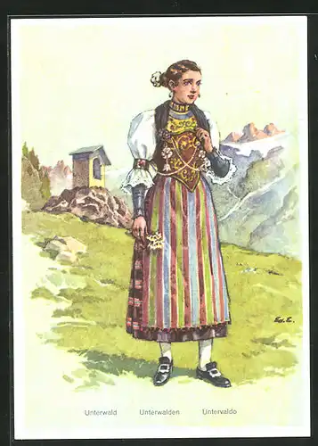 Künstler-AK Unterwalden, Frau in Tracht mit Alpenblumen