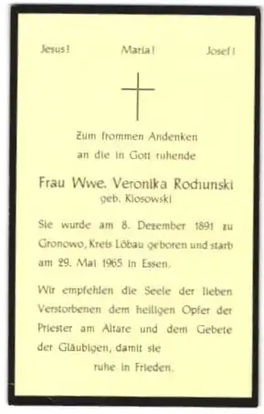 Sterbebild Veronika Rochunski, 1891-1965, Rückseitig Mater Dolorosa