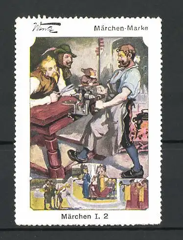 Reklamemarke Märchen, Szene aus der Däumling, Däumling steckt in einer Schraubzwinge fest