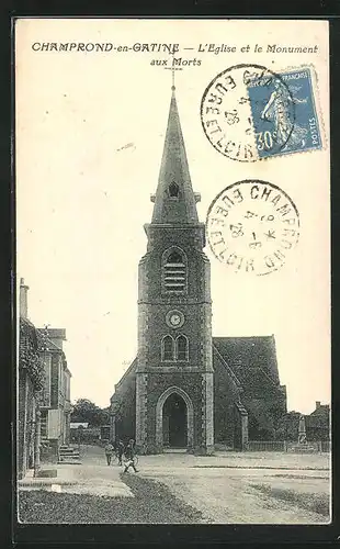 AK Champrond-en-Gatine, l'Eglise et le Monument aux Morts