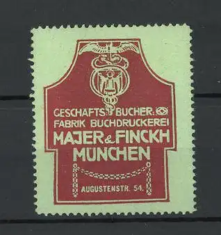 Reklamemarke München, Buchdruckerei Majer & Finckh, Firmenlogo, rot-grün