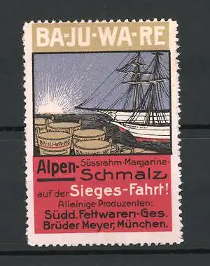 Reklamemarke München, Ba-Ju-Wa-Re Margarine, Brüder Meyer, Segelschiffe im Hafen