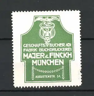 Reklamemarke München, Buchdruckerei Majer & Finckh, Firmenlogo, grün