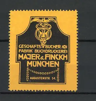 Reklamemarke München, Buchdruckerei Majer & Finckh, Firmenlogo, schwarz-Gelb