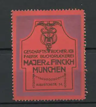 Reklamemarke Buchdruckerei Majer & Finckh München, Frimenlogo