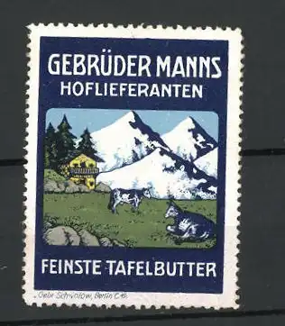 Reklamemarke Feinste Tafelbutter der Gebrüder Manns, Kühe auf der Wiese