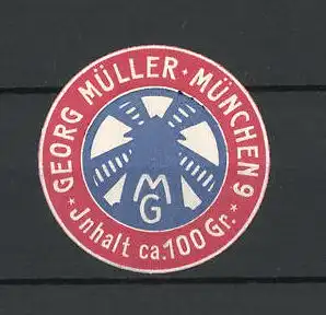 Präge-Reklamemarke Georg Müller, münchen, Ansicht einer Mühle