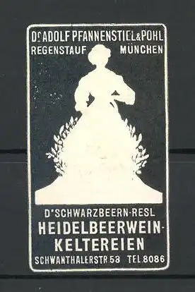 Präge-Reklamemarke D' Schwarzbeern-Resl Heidelbeerweinkeltereien, München