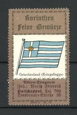 Reklamemarke Adler-Drogerie Potschappel, Inh. Moritz Friedrich, Kriegsflagge Griechenlands