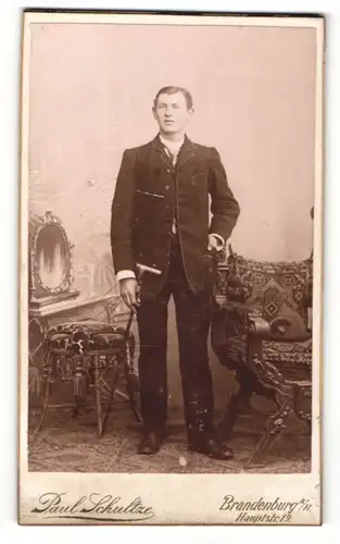 Fotografie Paul Schultze, Brandenburg a / H., Portrait junger Herr in eleganter Kleidung mit Stock