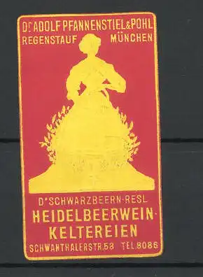 Reklamemarke Heidelbeerwein-Keltereien München, D'Schwarzbeern-Resl