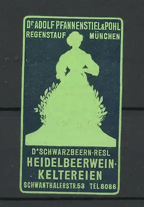 Reklamemarke Heidelbeerwein-Keltereien München, D'Schwarzbeern-Resl