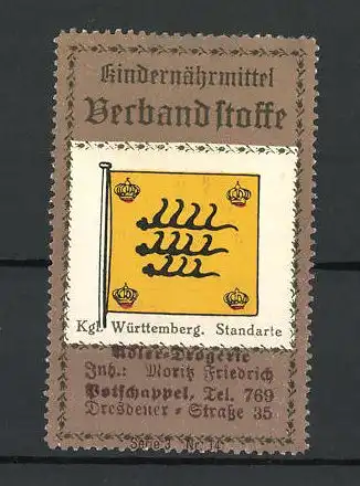 Reklamemarke Adler-Drogerie, Inh. Moritz Friedrich, Potschappel, Kgl. Württemberg Standarte