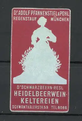 Reklamemarke Heidelbeerwein-Keltereien München, D'Schwarzbeern-Resl