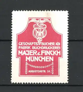 Reklamemarke Buchdruckerei Majer & Finck München, Firmenlogo