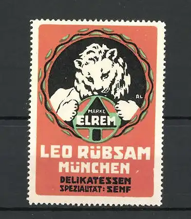 Künstler-Reklamemarke Elrem Senf, Delikatessen von Leo Rübsam, München, Firmenlogo
