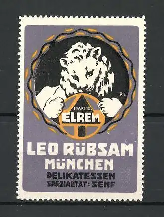 Künstler-Reklamemarke Elrem Senf, Delikatessen von Leo Rübsam München, Firmenlogo