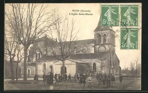 AK Mios, L`Eglise Saint-Martin, Kinder vor der Kirche
