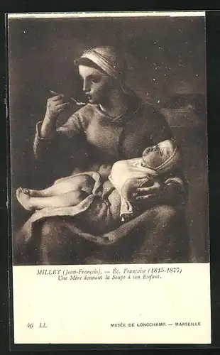 Künstler-AK sign. J. F. Millet: Une Mere donnant la Soupe a son Enfant, Mutter füttert das Kind