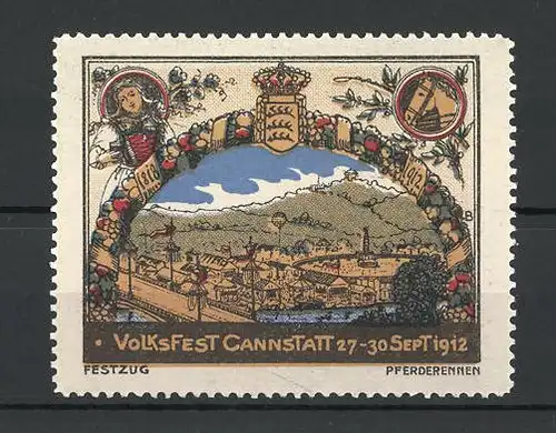 Reklamemarke Cannstatt, Volksfest 1912, Festgelände und Stadtwappen