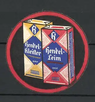 Reklamemarke Henkel-Kleister und Leim, D.R.P., zwei Schachteln