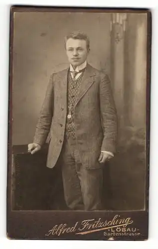 Fotografie Alfred Fritzsching, Löbau, Herr in grauem gestreiftem Anzug trägt gemusterte Weste und Taschenuhr