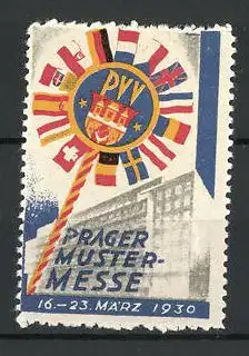 Reklamemarke Prag, Mustermesse 1930, Messelogo mit verschiedenen Länderflaggen