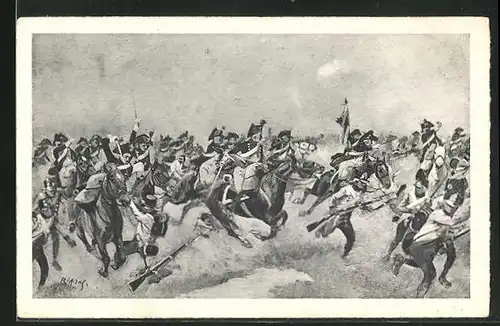AK Soldaten in Uniform zu Pferde in einer Schlacht