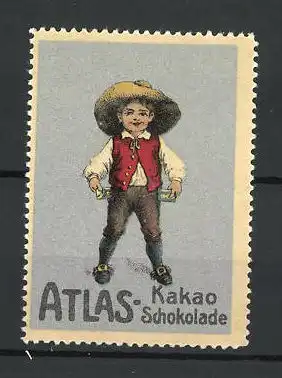 Reklamemarke Atlas Kakao-Schokolade, Knabe mit Schokoladentafeln