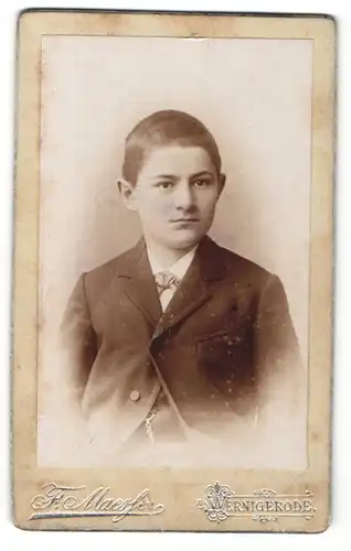 Fotografie F. Maeslen, Wernigerode, Junge mit kurzen dunklen Haaren trägt dunkle Jacke und gemusterte Fliege