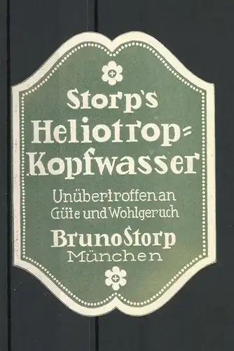 Präge-Reklamemarke Storp's Heliotrop-Kopfwasser, Bruno Storp München