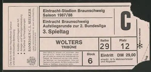 Eintrittskarte Braunschweig, Aufstiegsrunde zur 2. Bundesliga, Eintracht-Stadion Braunschweig 1987 /88