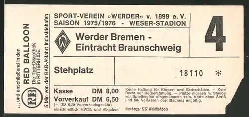 Eintrittskarte Bremen, Bundesliga Fussballspiel Werder Bremen vs Eintracht Braunschweig 1975 /76