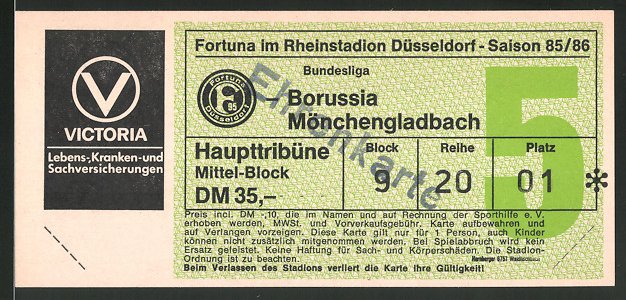 Fortuna 2917 Ticket Bl 85/86 Fortuna Düsseldorf Borussia Mönchengladbach 01.03.1986 