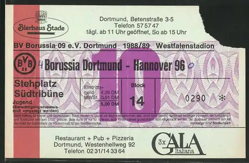 Eintrittskarte Dortmund, Bundesliga-Fussballspiel Borussia Dortmund vs Hannover 96, 1988 /89