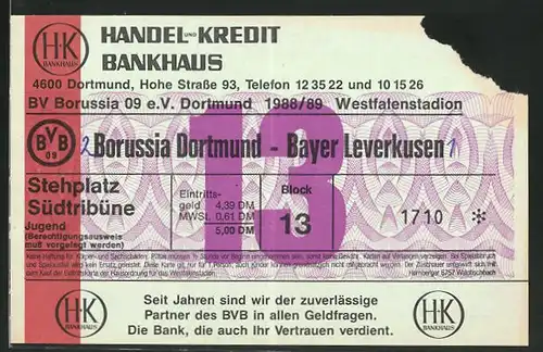 Eintrittskarte Dortmund, Bundesliga-Fussballspiel Borussia Dortmund vs Bayer Leverkusen, 1988 /89