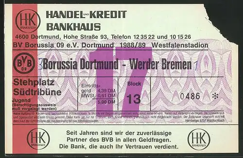 Eintrittskarte Dortmund, Bundesliga-Fussballspiel Borussia Dortmund vs Werder Bremen, 1988 /89
