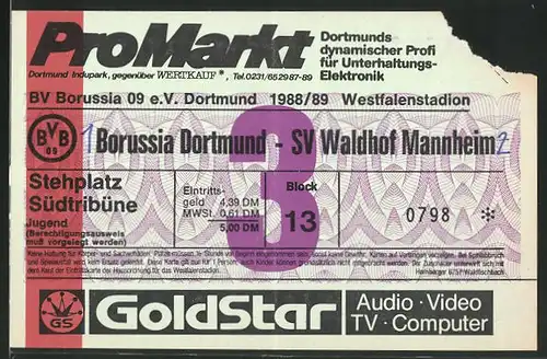 Eintrittskarte Dortmund, Bundesliga-Fussballspiel Borussia Dortmund vs SV Waldhof Mannheim, 1988 /89