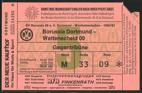Eintrittskarte Dortmund, Bundesliga-Fussballspiel Borussia Dortmund vs Wattenscheid 09, 1990 /91
