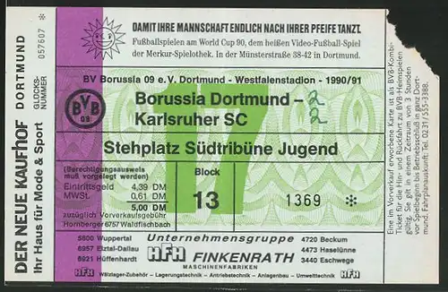 Eintrittskarte Dortmund, Bundesliga-Fussballspiel Borussia Dortmund vs Karlsruher SC, 1990 /91