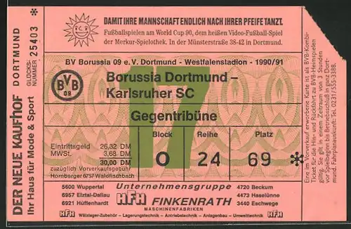 Eintrittskarte Dortmund, Bundesliga-Fussballspiel Borussia Dortmund vs Karlsruher SC, 1990 /91